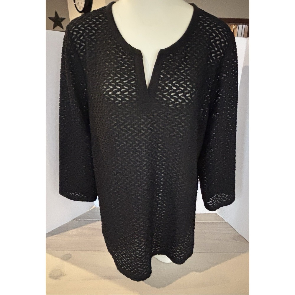 Chicos Top Womens 3 Black Embellished 3/4 Sleeve Sheer Stretch Blouse (XL 16/18)